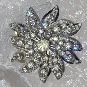 Elegant Silver Toned Floral Rhinestone Brooch